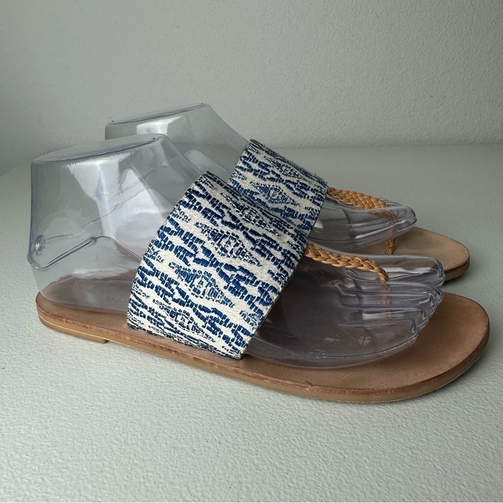 Anthropologie Blue White Adette Cotton Leather Woven Thong Sandals Size 7